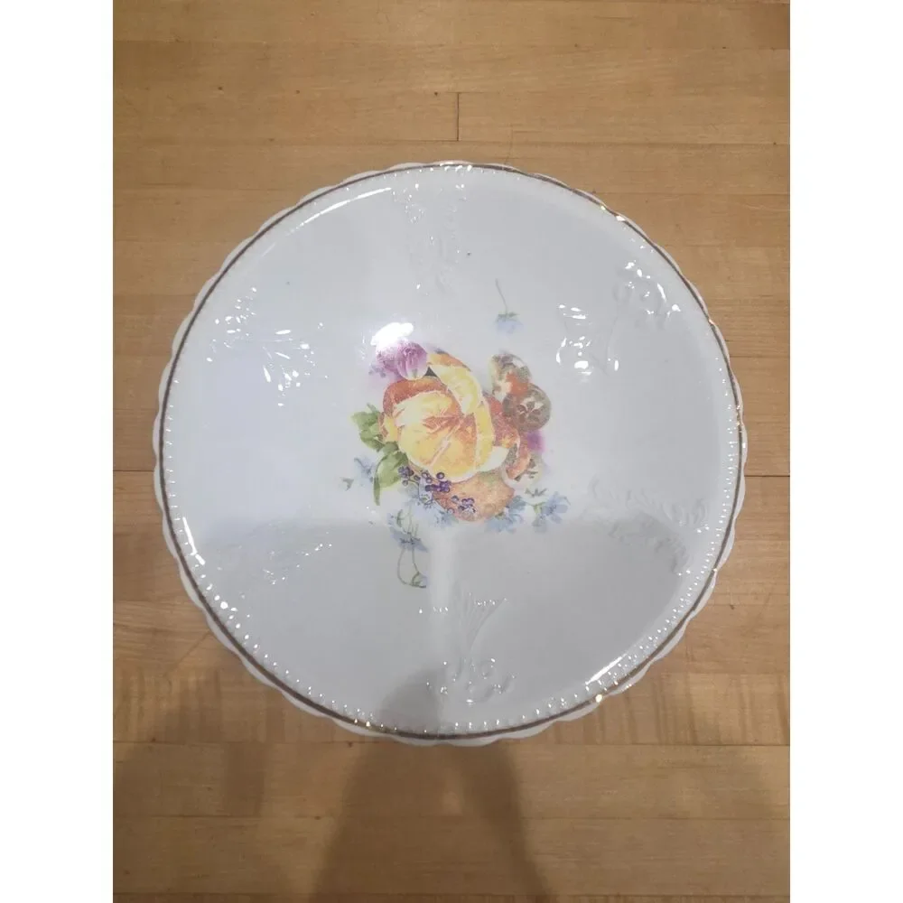 Antique Early 1900s Victoria Austria Porcelain Fruit Bowl Embossed Gold Rim 9 In